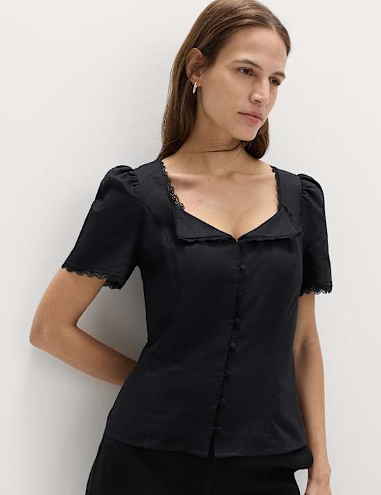 Cotton Blend Lace Detail Waisted Top