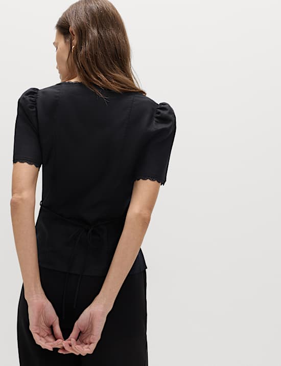 Cotton Blend Lace Detail Waisted Top