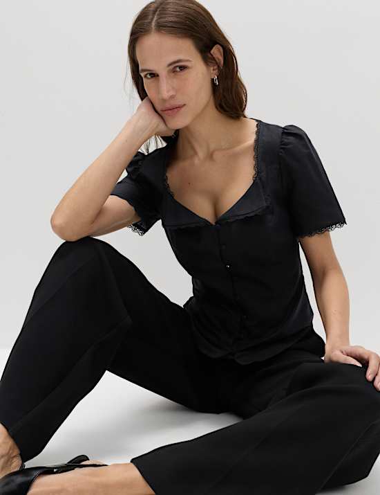 Cotton Blend Lace Detail Waisted Top