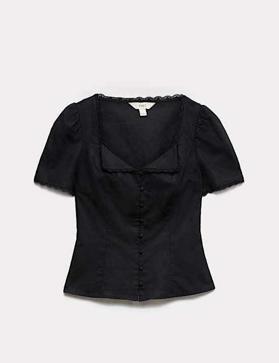 Cotton Blend Lace Detail Waisted Top