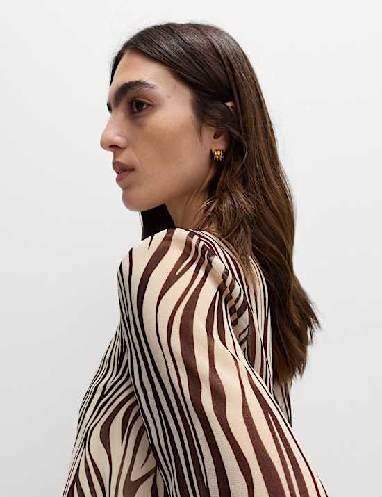 Zebra Print Tie Front Flute Sleeve Blouse