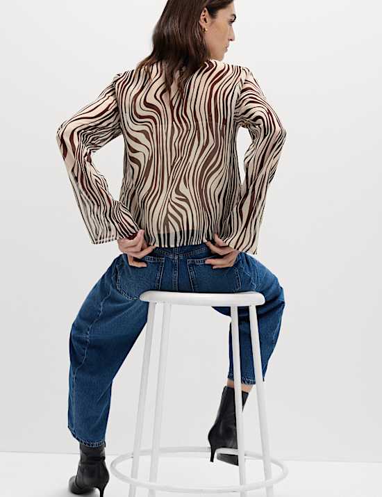 Zebra Print Tie Front Flute Sleeve Blouse