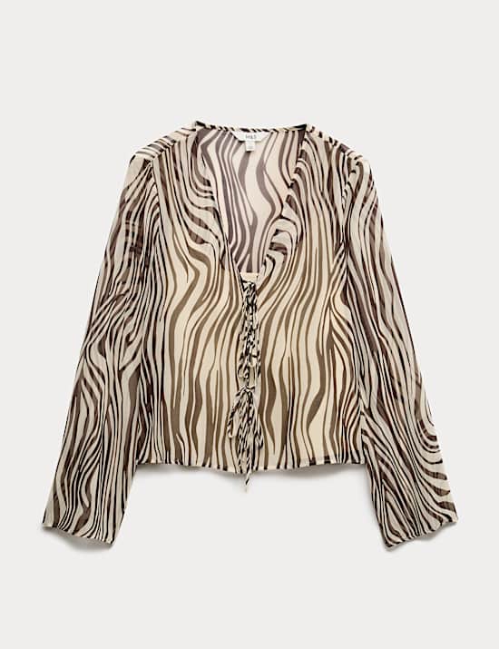Zebra Print Tie Front Flute Sleeve Blouse