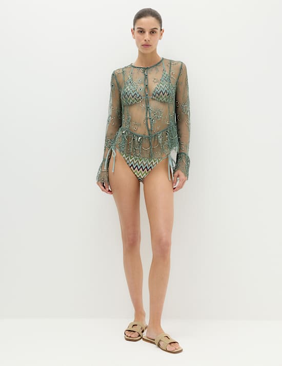 Embellished Lace Button Through Top