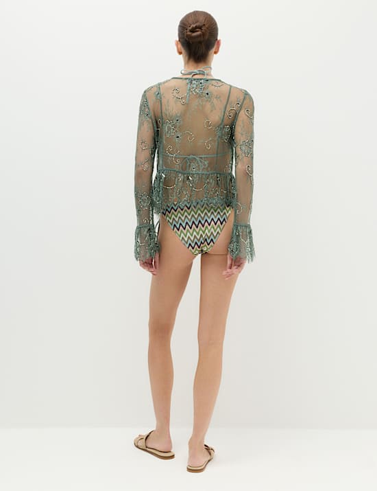 Embellished Lace Button Through Top