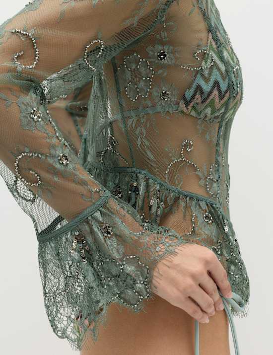 Embellished Lace Button Through Top