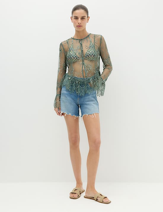 Embellished Lace Button Through Top