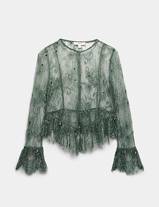 Embellished Lace Button Through Top