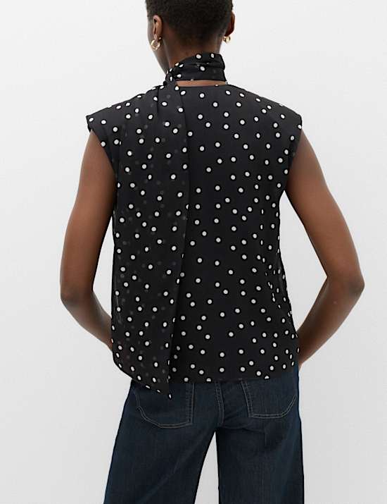 Polka Dot V-Neck Scarf Detail Top
