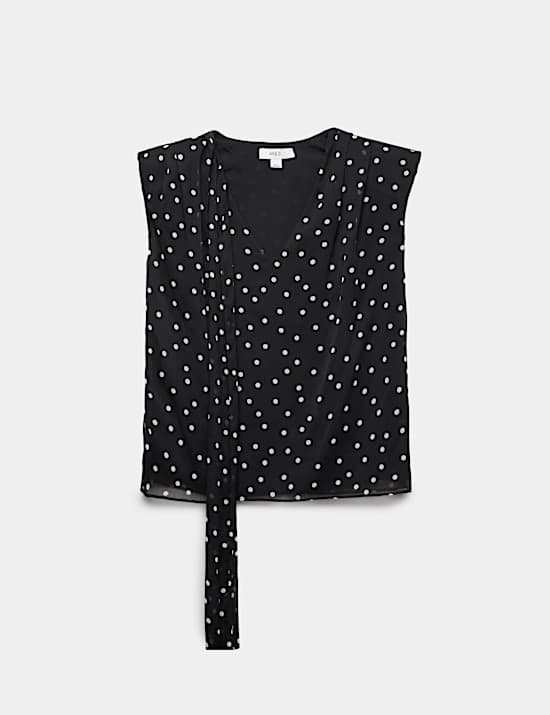 Polka Dot V-Neck Scarf Detail Top