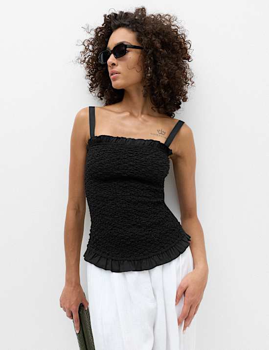 Pure Cotton Shirred Ruffle Detail Top