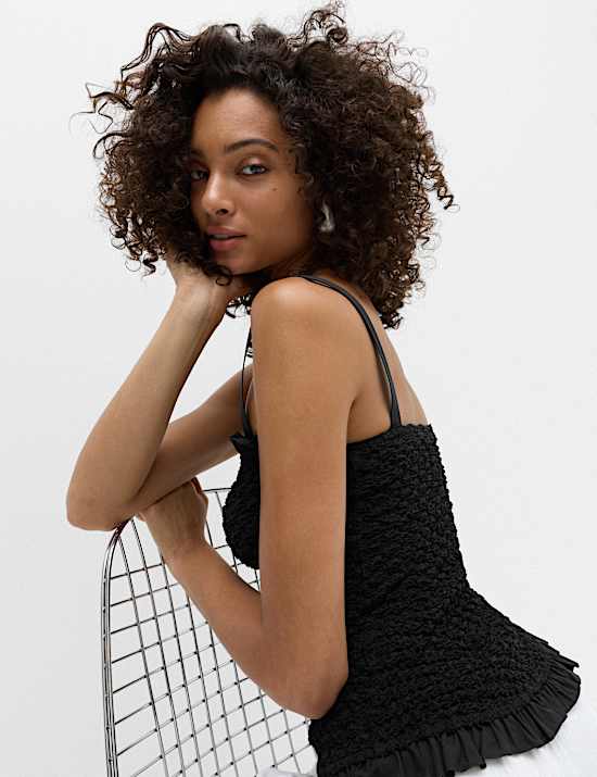 Pure Cotton Shirred Ruffle Detail Top