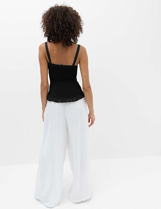 Pure Cotton Shirred Ruffle Detail Top