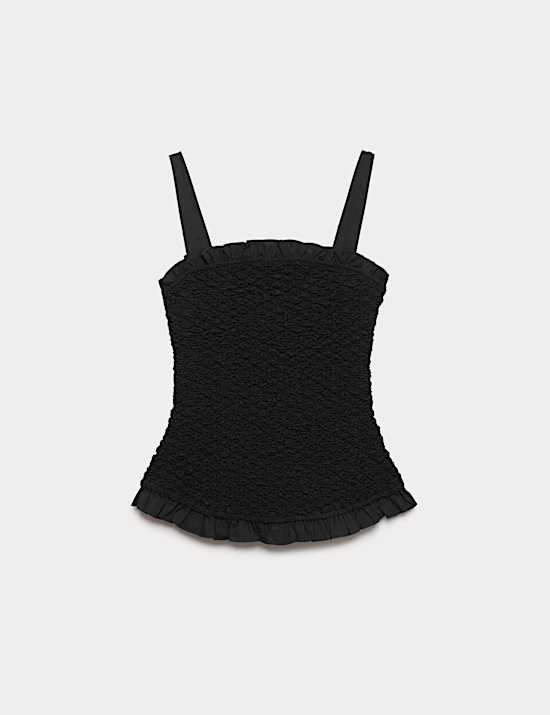 Pure Cotton Shirred Ruffle Detail Top