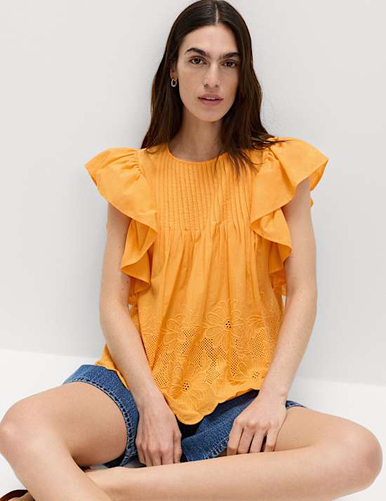 Pure Cotton Pintuck Embroidered Top