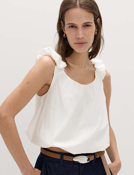 Pure Cotton Bubble Hem Puff Strap Top
