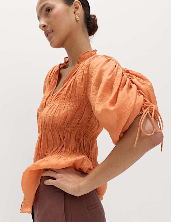 V-Neck Shirred Button Through Blouse