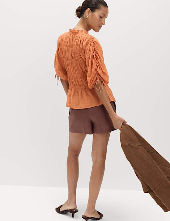 V-Neck Shirred Button Through Blouse