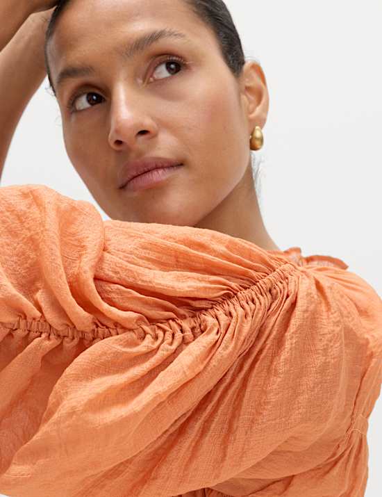 V-Neck Shirred Button Through Blouse