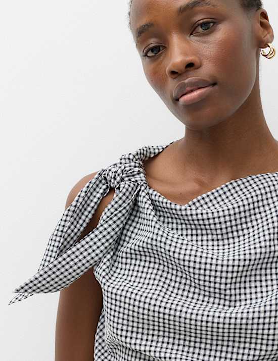 Lyocellrijke gedrapeerde top met Gingham-ruit
