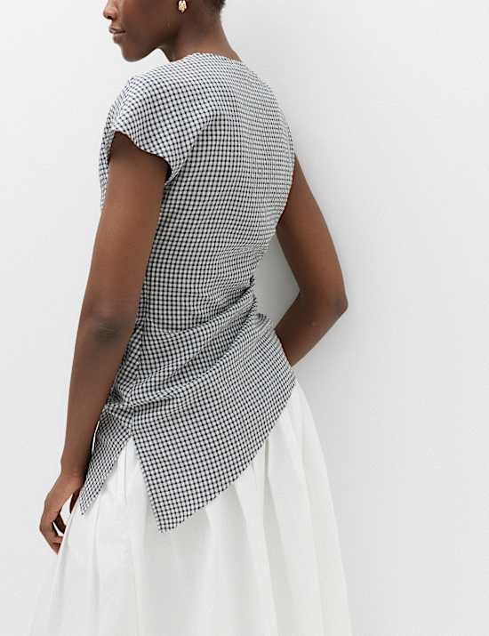 Lyocellrijke gedrapeerde top met Gingham-ruit