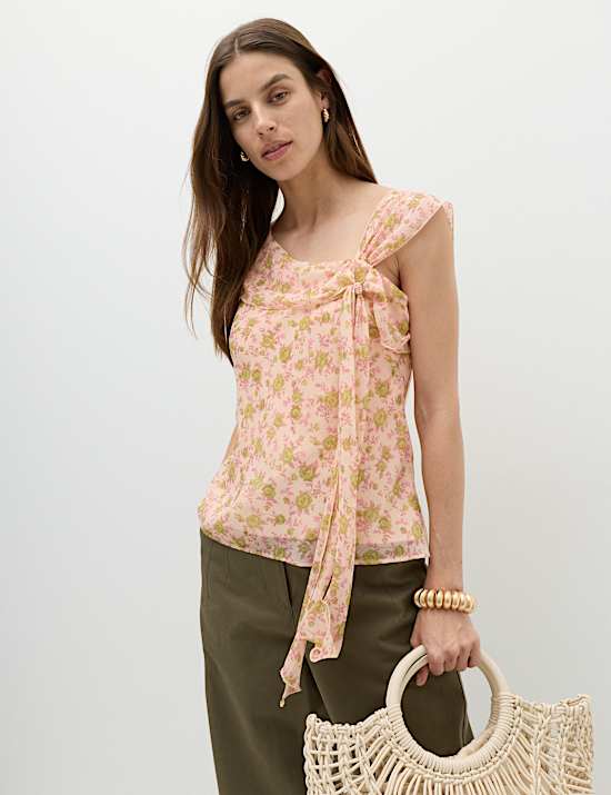 Floral Asymmetric Knot Detail Fitted Top