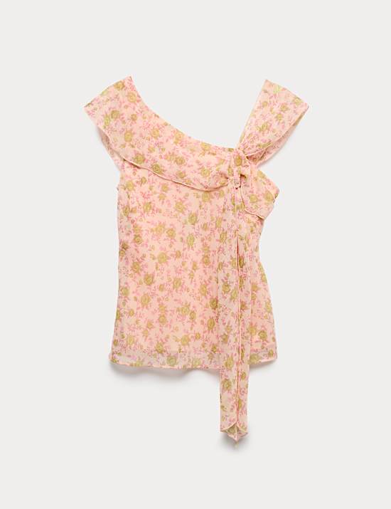 Floral Asymmetric Knot Detail Fitted Top