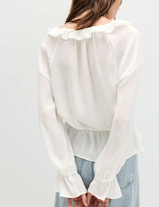 Broderie V-Neck Frill Detail Blouse