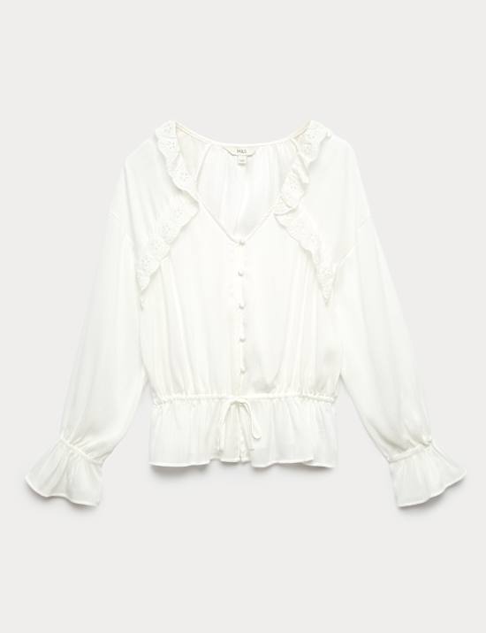 Broderie V-Neck Frill Detail Blouse