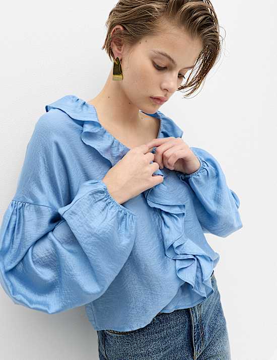 Blouse en lyocell &agrave; col en V et volant