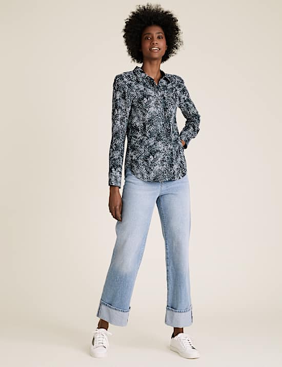 Snakeskin Print Collared Long Sleeve Blouse