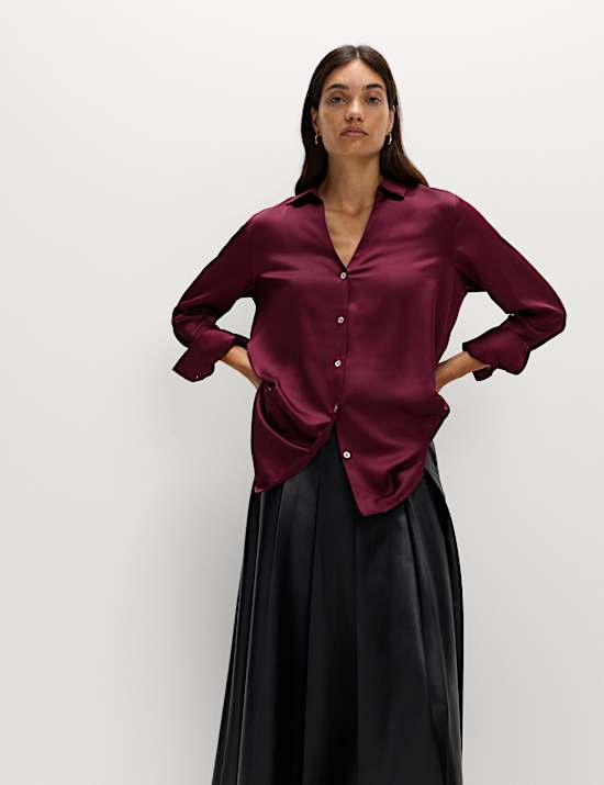 Satin Collared V-Neck Button Through Shirt