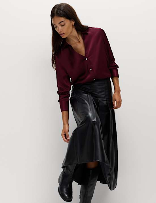 Satin Collared V-Neck Button Through Shirt