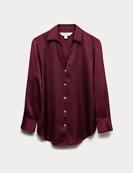 Satin Collared V-Neck Button Through Shirt