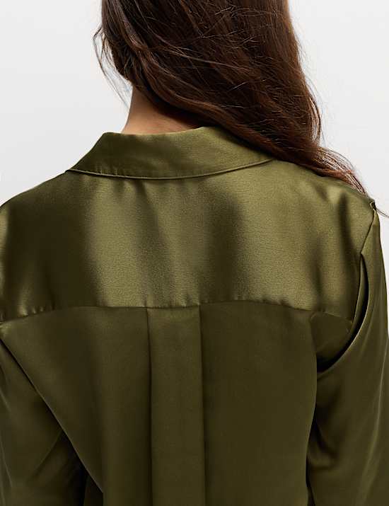 Satin Collared V-Neck Button Through Shirt