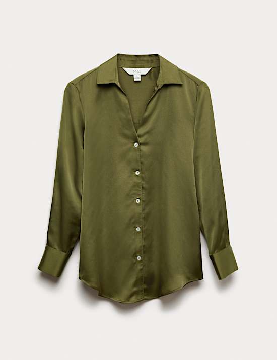 Satin Collared V-Neck Button Through Shirt