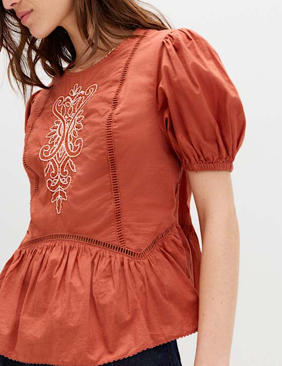 Pure Cotton Embroidered Puff Sleeve Blouse
