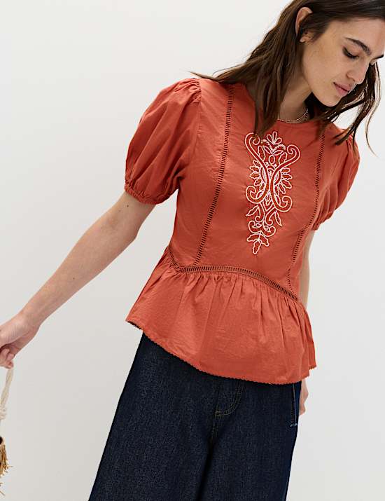 Pure Cotton Embroidered Puff Sleeve Blouse