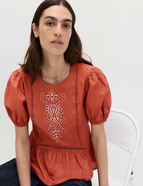 Pure Cotton Embroidered Puff Sleeve Blouse