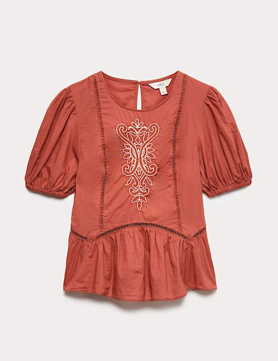 Pure Cotton Embroidered Puff Sleeve Blouse