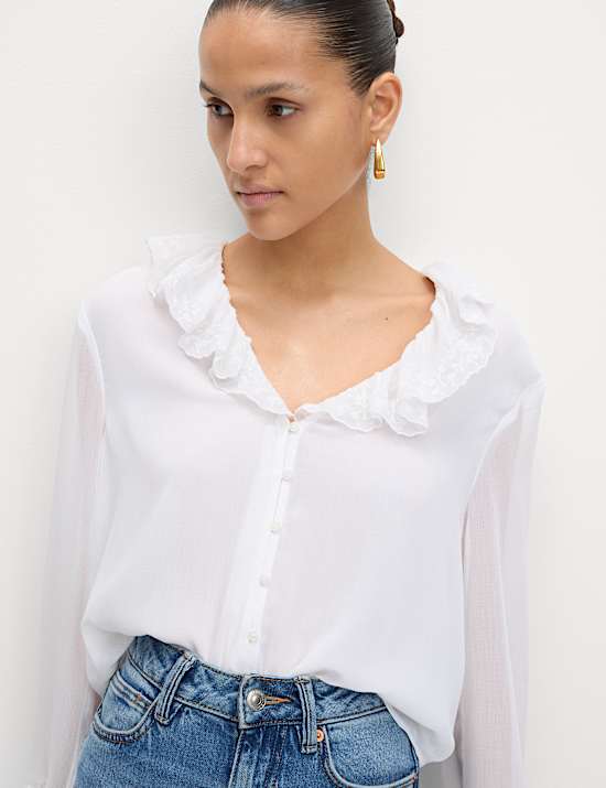 Frill Neck Broderie Button Through Blouse