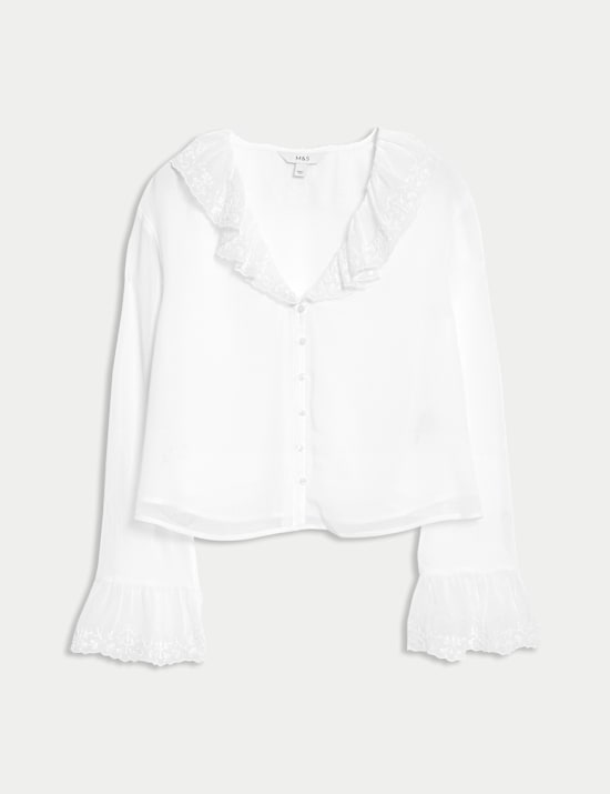 Frill Neck Broderie Button Through Blouse