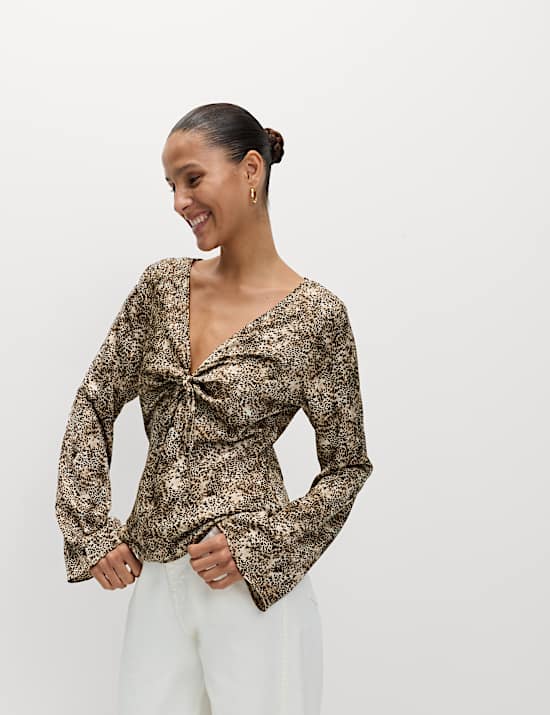 Satin Animal Print Tie Front Top