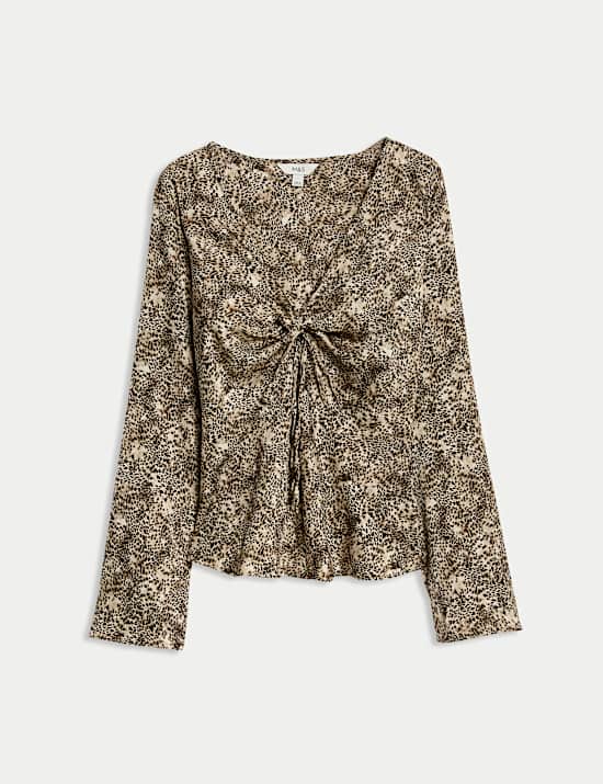 Satin Animal Print Tie Front Top