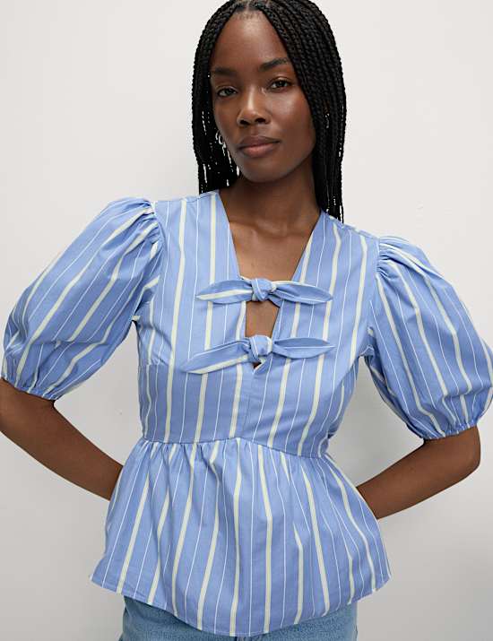 Pure Cotton Striped Bow Detail Top