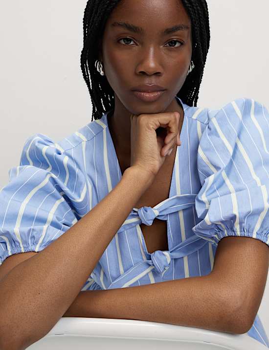 Pure Cotton Striped Bow Detail Top