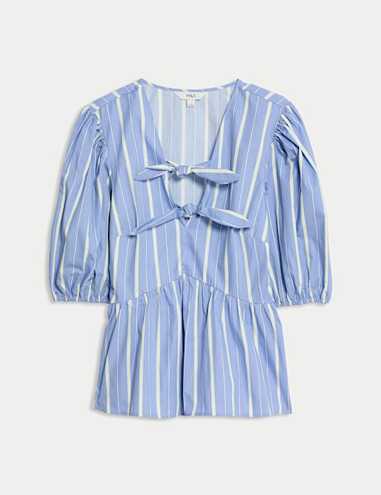 Pure Cotton Striped Bow Detail Top
