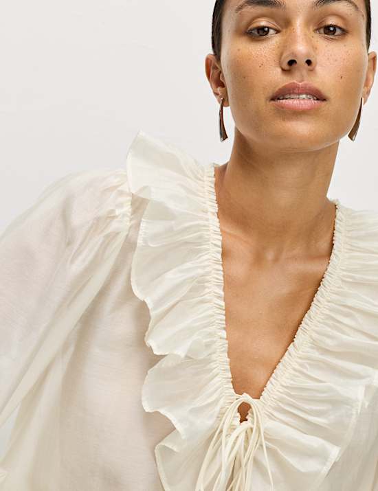 Lyocell Rich Frill Detail V-Neck Top