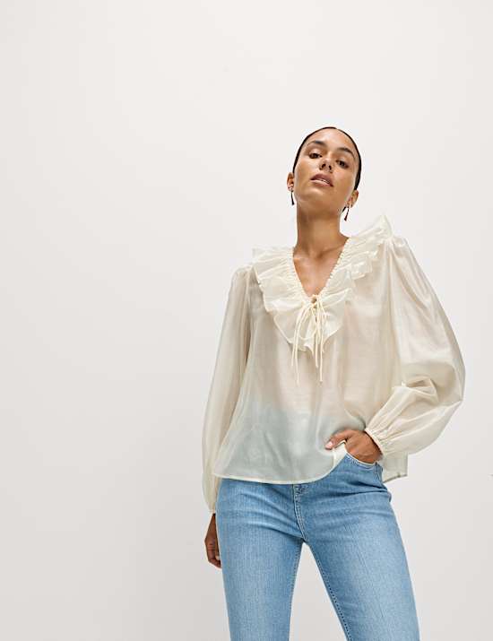 Lyocell Rich Frill Detail V-Neck Top