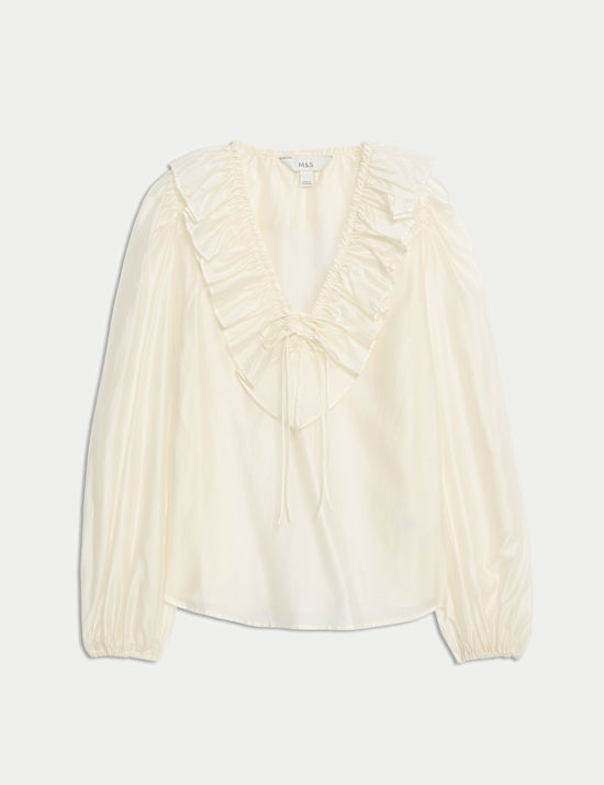 Lyocell Rich Frill Detail V-Neck Top